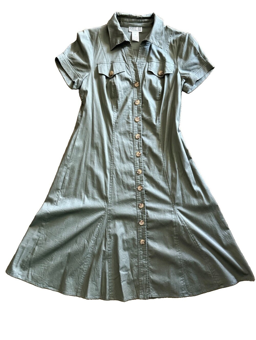 Robbie Bee Womens Size 8 Sage Green Button Front Shirt Dress Cotton Spandex Midi